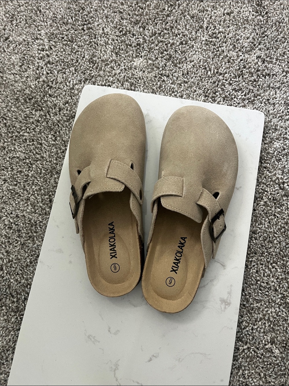 Women's Taupe Suede Slip-On Clogs with Buckle